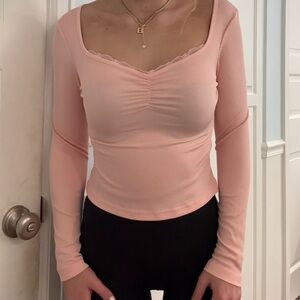 Women's Baby Pink Long Sleeve Top with Lace Detailing Size Small